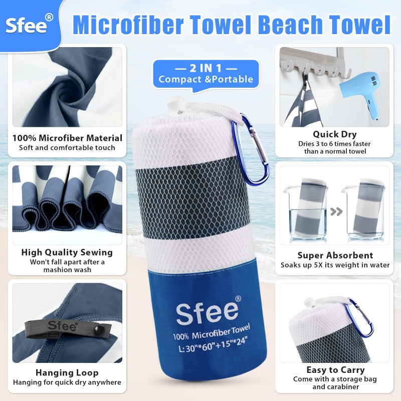Sfee 2 in 1 Microfiber Oversized Beach Towel, Quick Dry Towel Travel Towel Camping Towel Super Absorbent Compact Lightweight Sports Gym Towels for Beach,Gym, Hiking, Pool, Backpacking, Bath, Yoga - Image 2